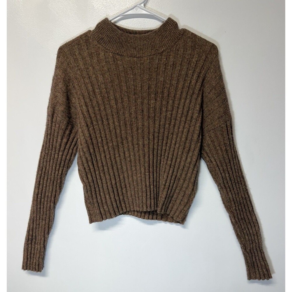 Madewell Mockneck Crop Sweater Womens Brown Wool Blend Ribbed Pullover Sz L